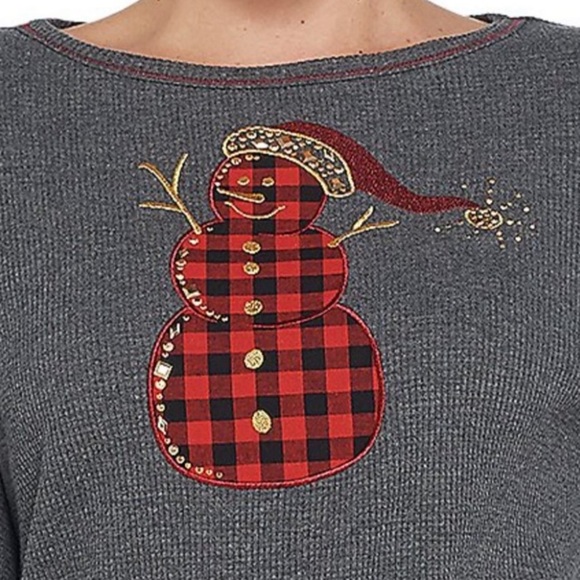 Quacker Factory Gray Long Sleeve Buffalo Plaid Embellished Snowman Thermal Shirt - Picture 2 of 9